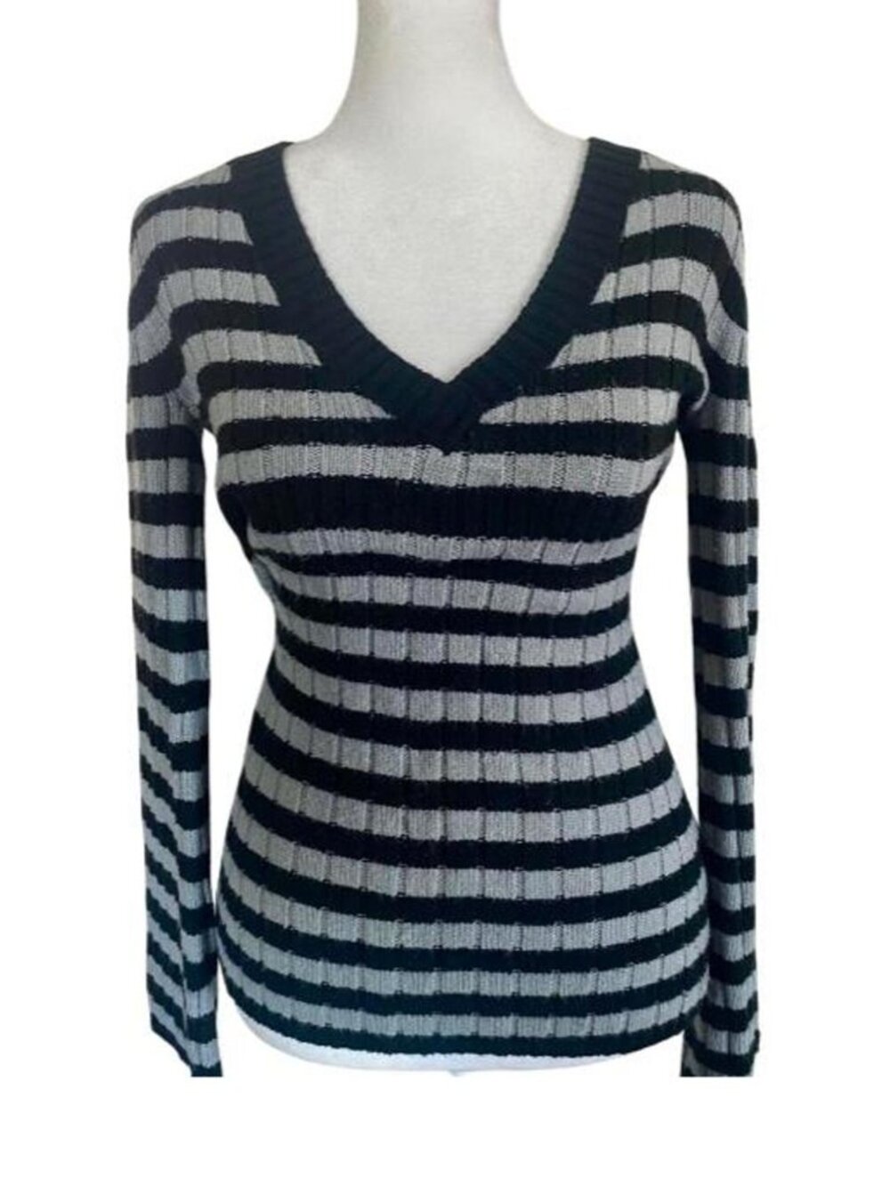 Derek Heart Grunge Emo Striped Knit Grey and Black Sweater
